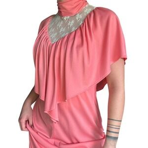 gorgeous salmon pink 70s high collar dress with lace detail, formal retro dressy